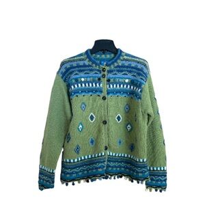 Newari Icelandic Design Wool Cardigan Sweater Vintage Nepal Handcrafted L/XL